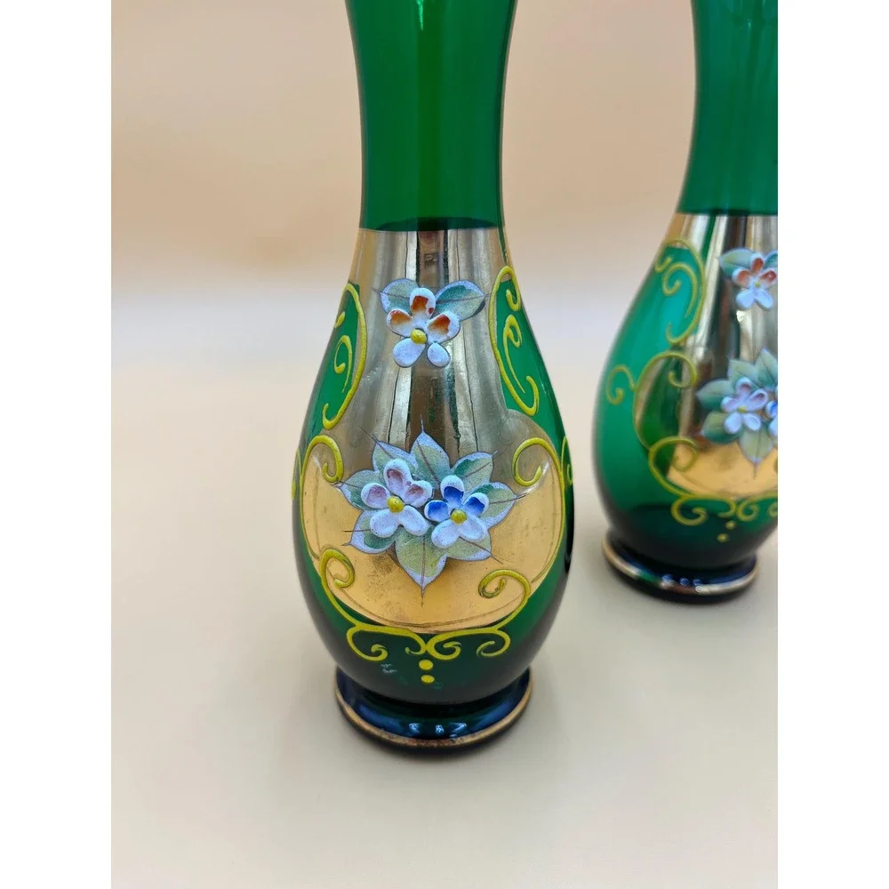 Vintage Royal Sealy Bud Vase Set: Green Glass Bohemian Floral Decor